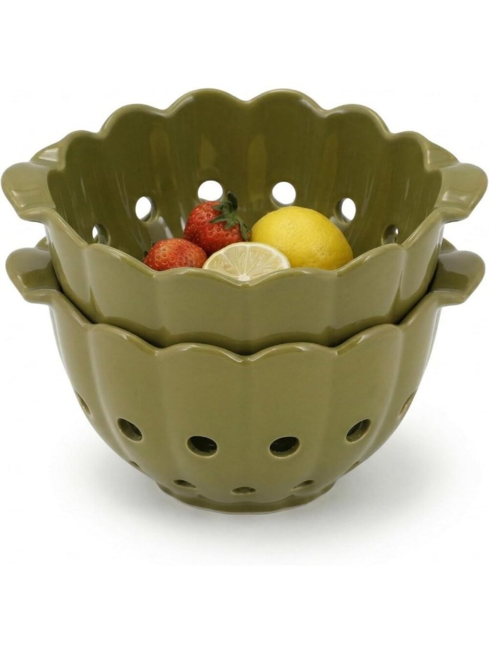 Moss Green Scallop Ceramic Berry Basket with Handles - Stylish Kitchen Decor